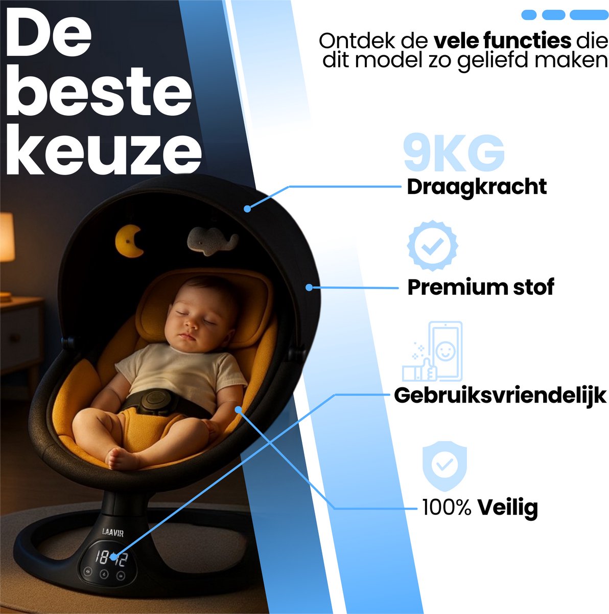 Laavir® Schommelwieg met Muziek – Geel/Zwart – 5 Snelheden 2