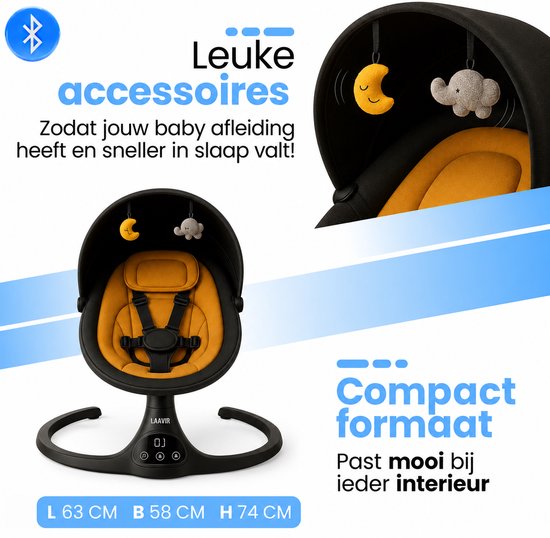 Laavir® Schommelwieg met Muziek – Geel/Zwart – 5 Snelheden 5