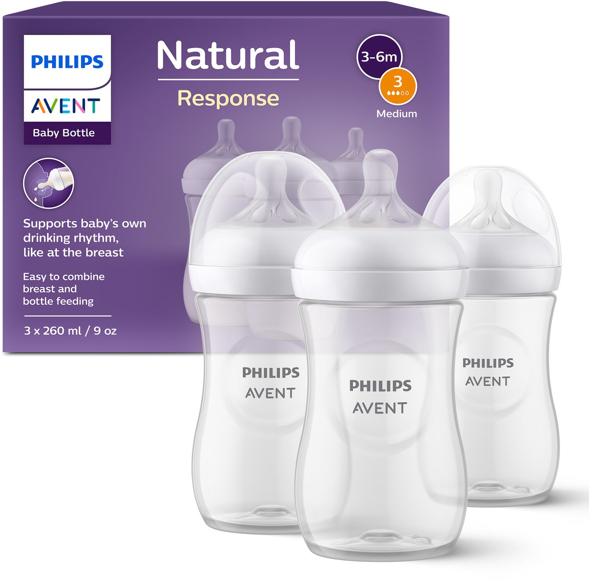 Philips Avent 3-pack Natural Response Babyflessen 260ml - Flow 3 1