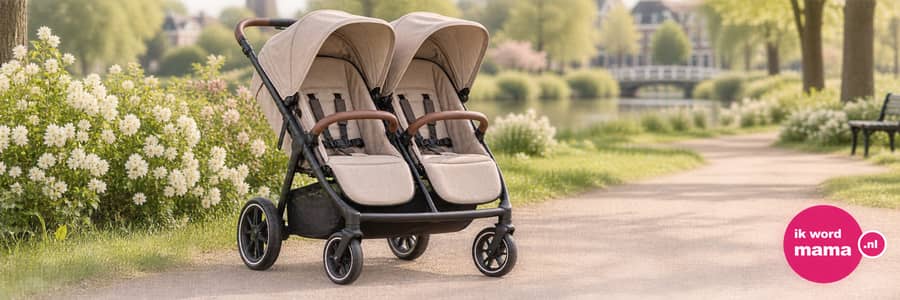 Sfeerbeeld bij buggy voor 2 kinderen met het ik word mama-logo