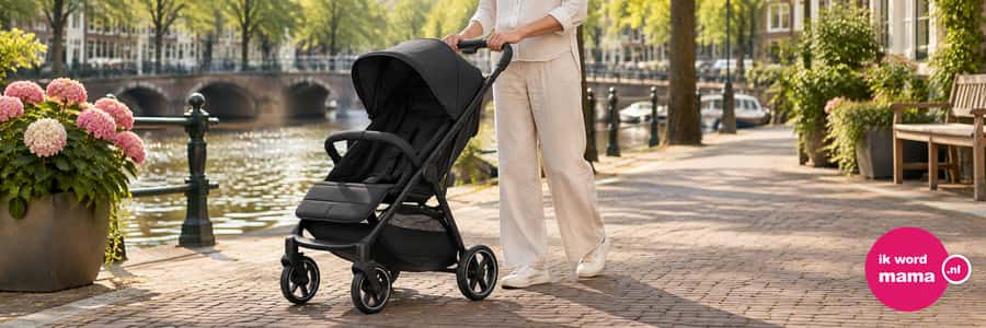 Sfeerbeeld bij buggy voor lange mensen met het ik word mama-logo