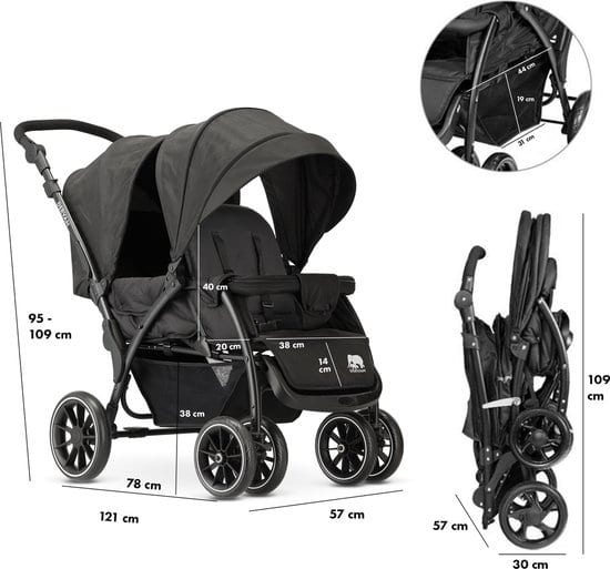 Deryan Elena Duo Buggy - Dubbele Buggy - Compact Lichtgewicht - Zwart