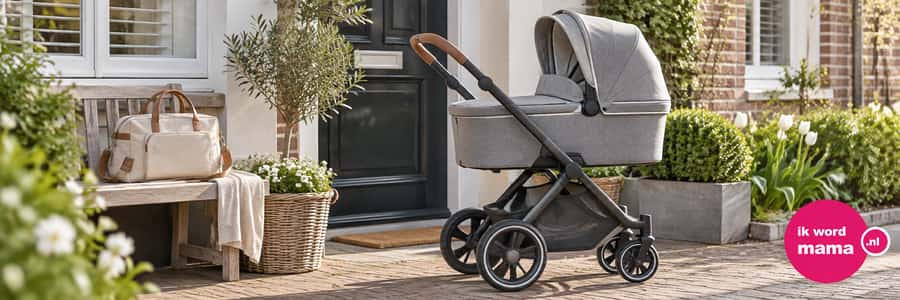 Sfeerbeeld bij goedkope kinderwagen met het ik word mama-logo