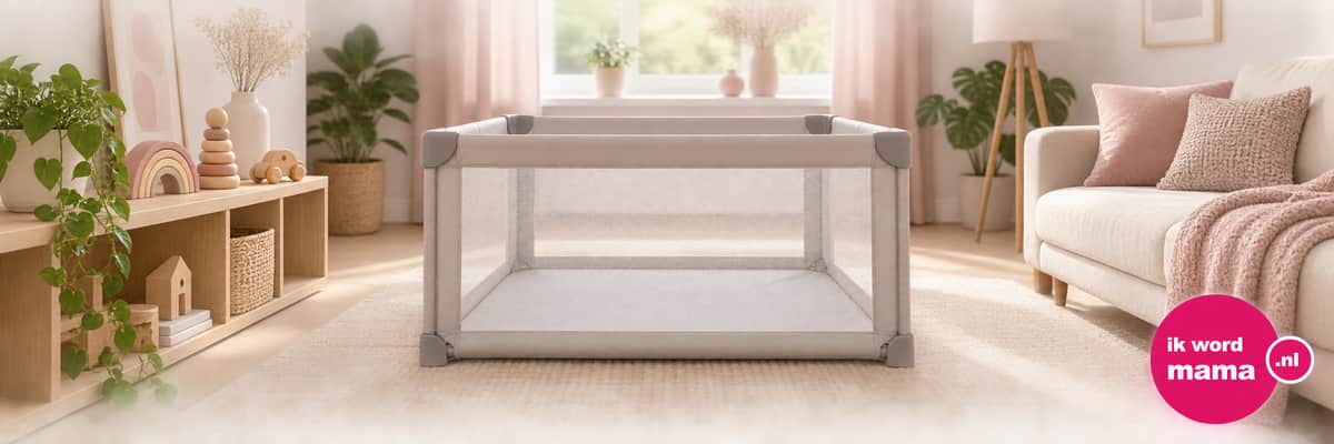 Sfeerbeeld bij inklapbare babybox met het ik word mama-logo