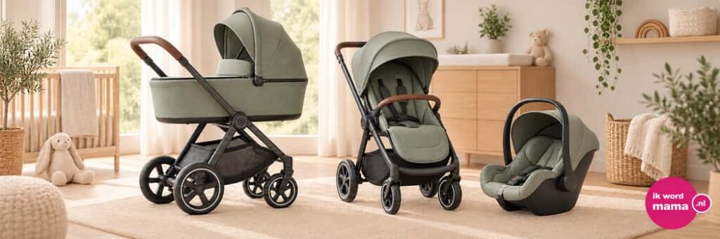 Sfeerbeeld bij kinderwagen 3 in 1 met het ik word mama-logo
