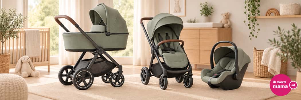 Sfeerbeeld bij kinderwagen 3 in 1 met het ik word mama-logo