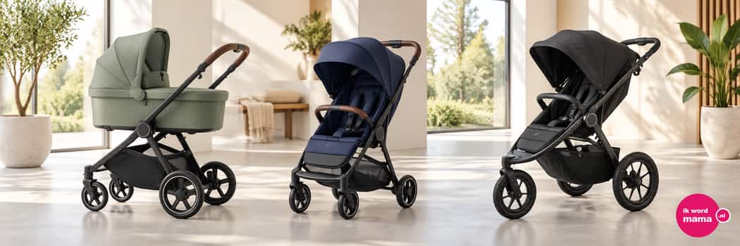 Sfeerbeeld bij kinderwagen merken met het ik word mama-logo