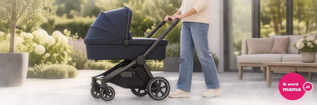 Sfeerbeeld bij kinderwagen voor lange mensen met het ik word mama-logo