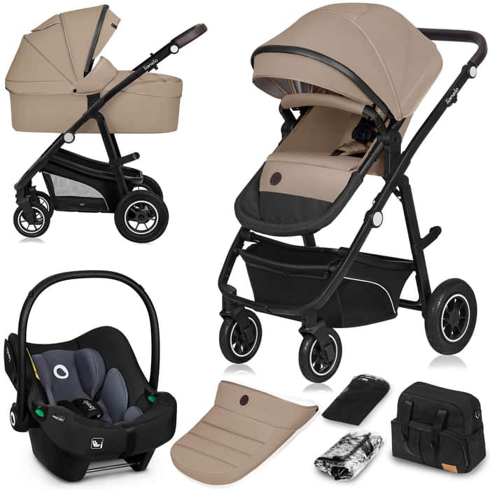 Lionelo Bianka Kinderwagen 3 in 1 - Reiswieg + Wandelwagen + Autostoel - Grote Luchtbanden, Volledige Vering - Inklapbaar - Verstelbare duwstang - Buggy Omkeerbare Zitting - 0-22kg - Accessoireset - Beige