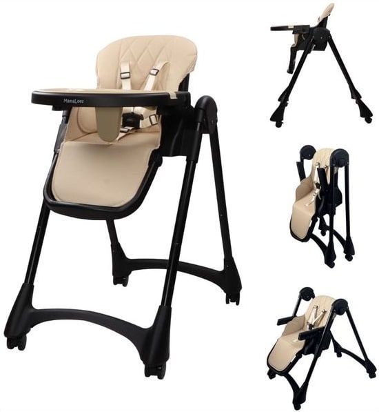 MamaLoes Luxe Kinderstoel op Wielen - Inklapbare Eetstoel Baby - Verstelbaar - Scott Beige